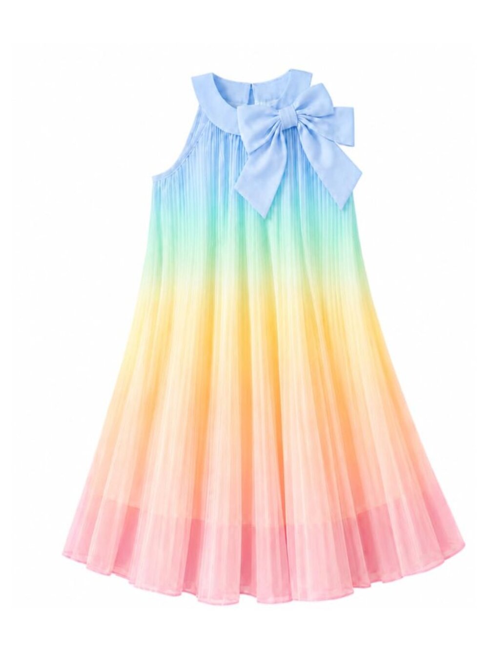 Sleeveless Halter Smocked Tulle A-Line Girl's Summer Dress with Bowknot